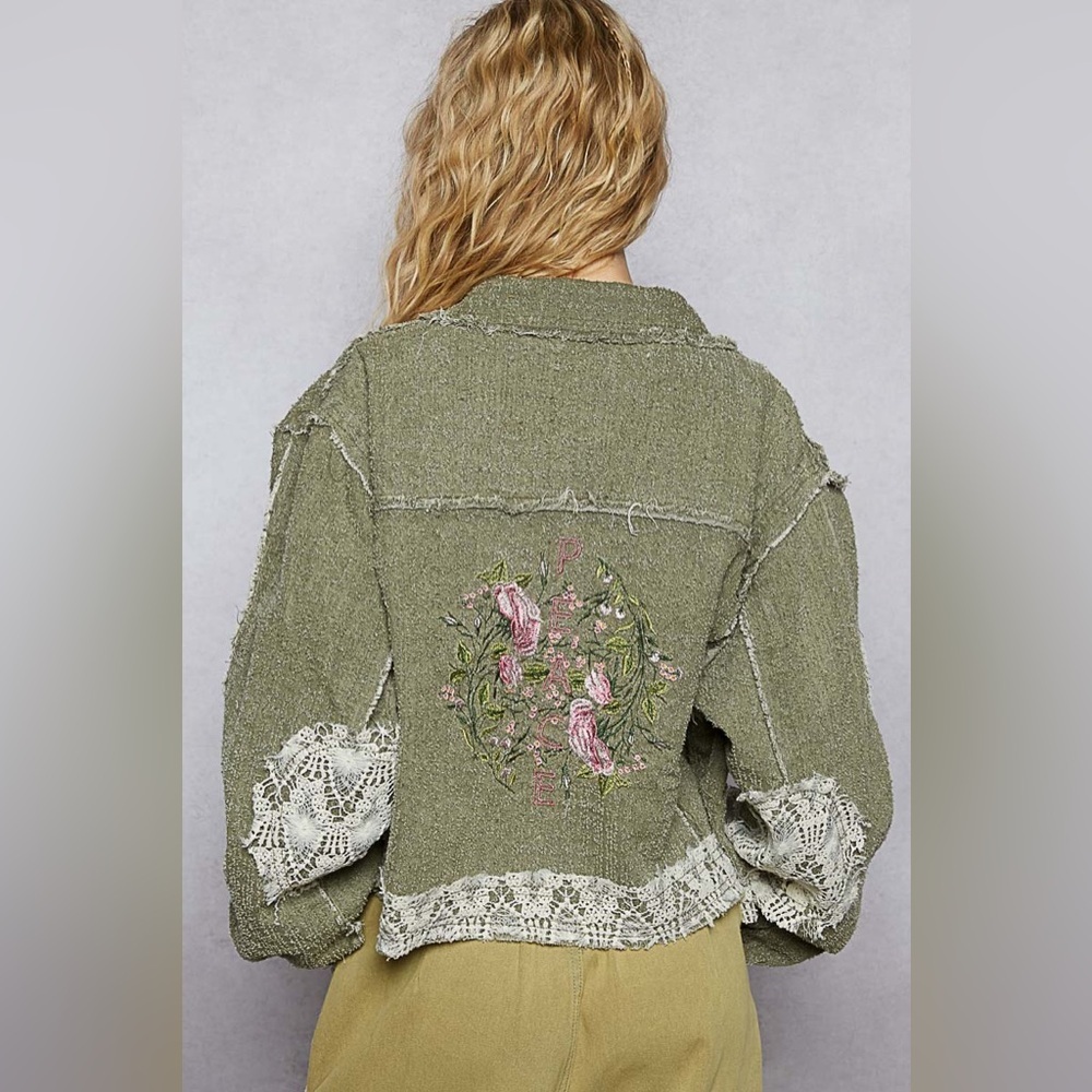 POL Olive Green Distressed Patchwork Jacket with White Lace and Pink Embroidery - Picture 5 of 6